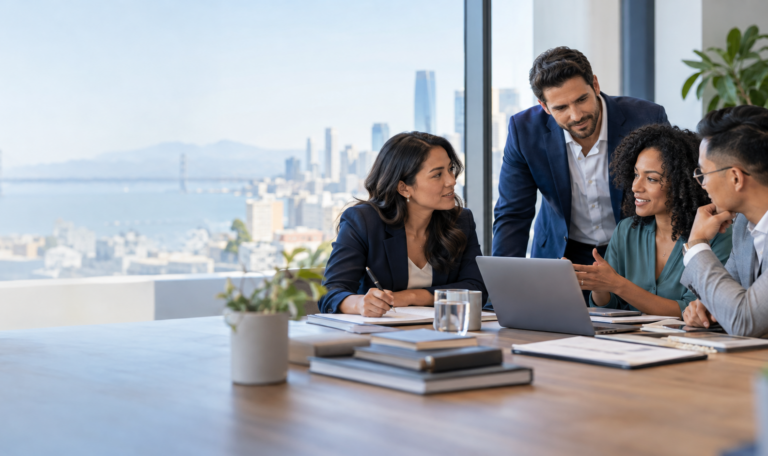 Four professionals discussing documents and a laptop around a conference table with a city skyline in the background